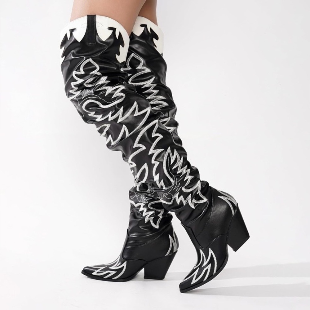 Black & White Western Thigh-high,Over-the-Knee Boots with flame inspired details